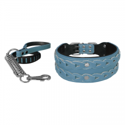Markapet Elegance Deri İşlemeli Lüks Köpek Tasma Seti XL 7 cm*60-68 cm Turkuaz