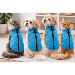 Fermuarlı Şişme Kedi Ve Köpek Montu Mavi Medium 38 cm-46 cm
