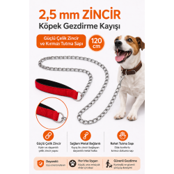 Zincir Köpek Gezdirme Kayışı Dayanıklı Çelik & Ergonomik Tutma Saplı 2,5 mm-120 cm Kırmızı