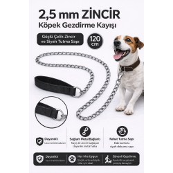 Zincir Köpek Gezdirme Kayışı Dayanıklı Çelik & Ergonomik Tutma Saplı 2,5 mm-120 cm Siyah