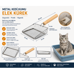 Metal Kedi Kumu Elek Kürek Ahşap Saplı Paslanmaz Kum Küreği 26 cm